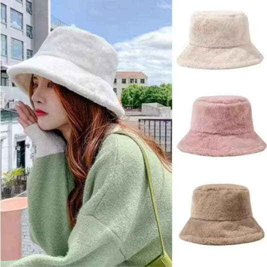 Women Warmer Thick Hat Autumn Winter Bucket Hat Cool Panama Lady Lamb Wool Outdoor Solid Color Fisherman Sunscreen Cap Unisex