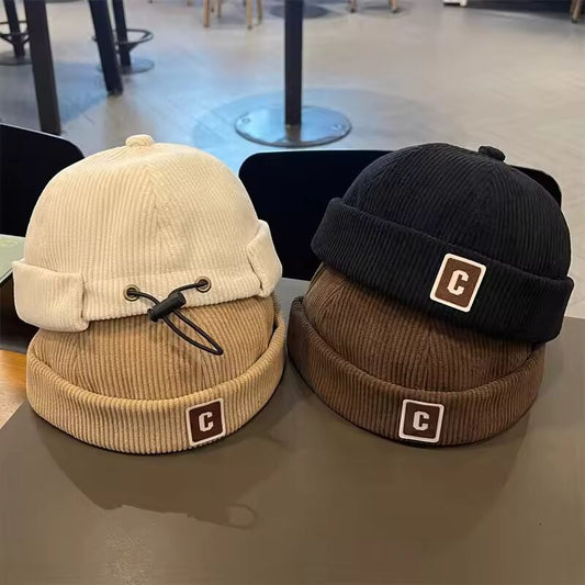 Autumn Corduroy Kids Landlord Hat Solid Color Baby Dome Brimless Hats 1-4year Boys Girls Melon Cap Children Drawstring Beanies